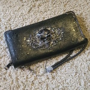 Black Pleather Wallet with Silver Skull